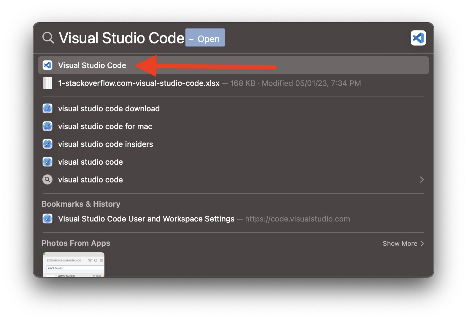 Open Visual Studio Code via Spotlight Search